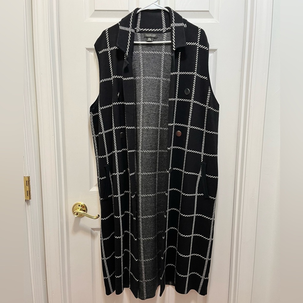 Rachel Zoe Window Pane Plaid Pattered Long Open Vest with Collar Size 2X